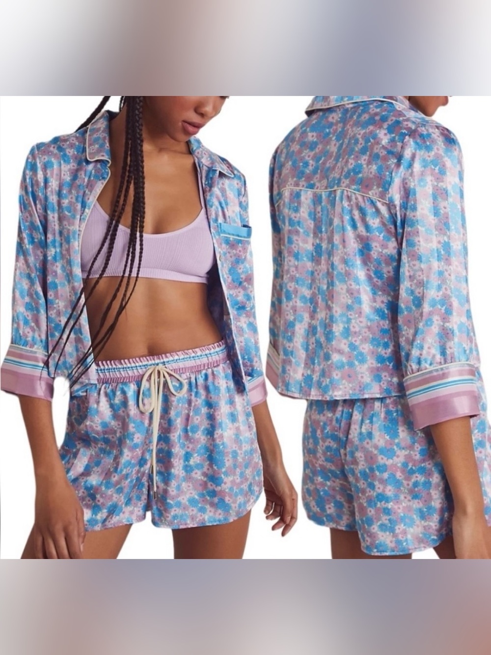 Free People Floral Blue and Pink Pajama Set